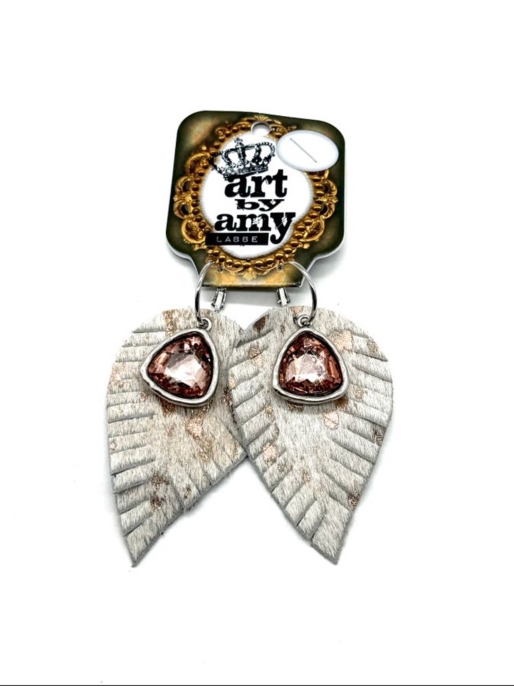 Art by Amy Labbe White Leather Leaf Earrings with Blush Gemstones